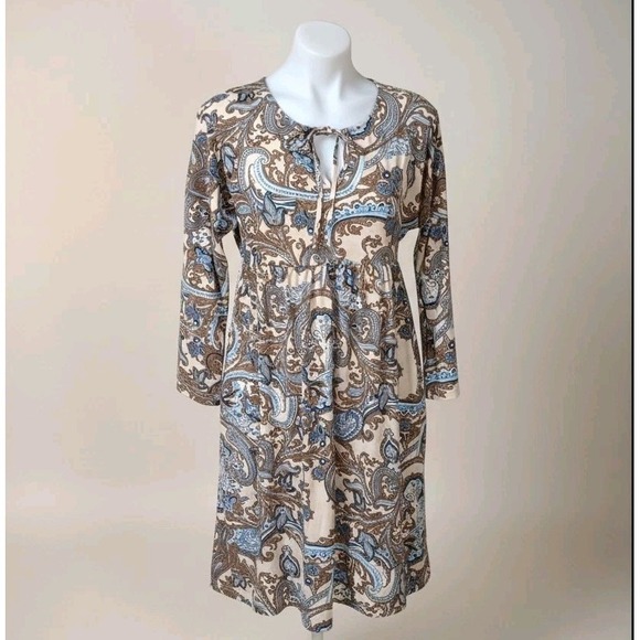 Suzanne Betro Womens M Jersey Cotton Blend Tie Pockets Paisley Print Midi Dress - Picture 2 of 7